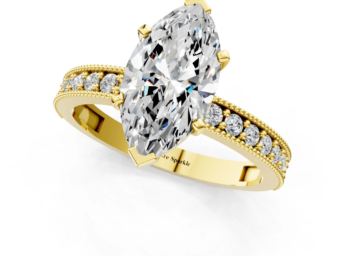 Yellow gold Marquise Cut Diamond Milgrain Pavé Engagement Ring with Four-Prong Setting_1