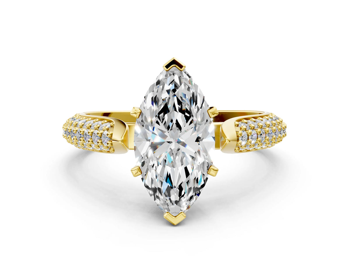 Yellow gold Marquise Cut Diamond Solitaire Engagement Ring with Multi-Row Round Pavé Band and Prong Setting