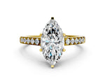Yellow gold Marquise Cut Diamond Solitaire Ring with Crossover Gallery and Round Pavé Band
