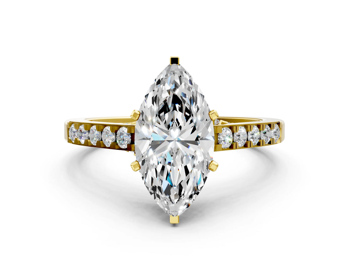 Yellow gold Marquise Cut Diamond Solitaire Ring with Crossover Gallery and Round Pavé Band