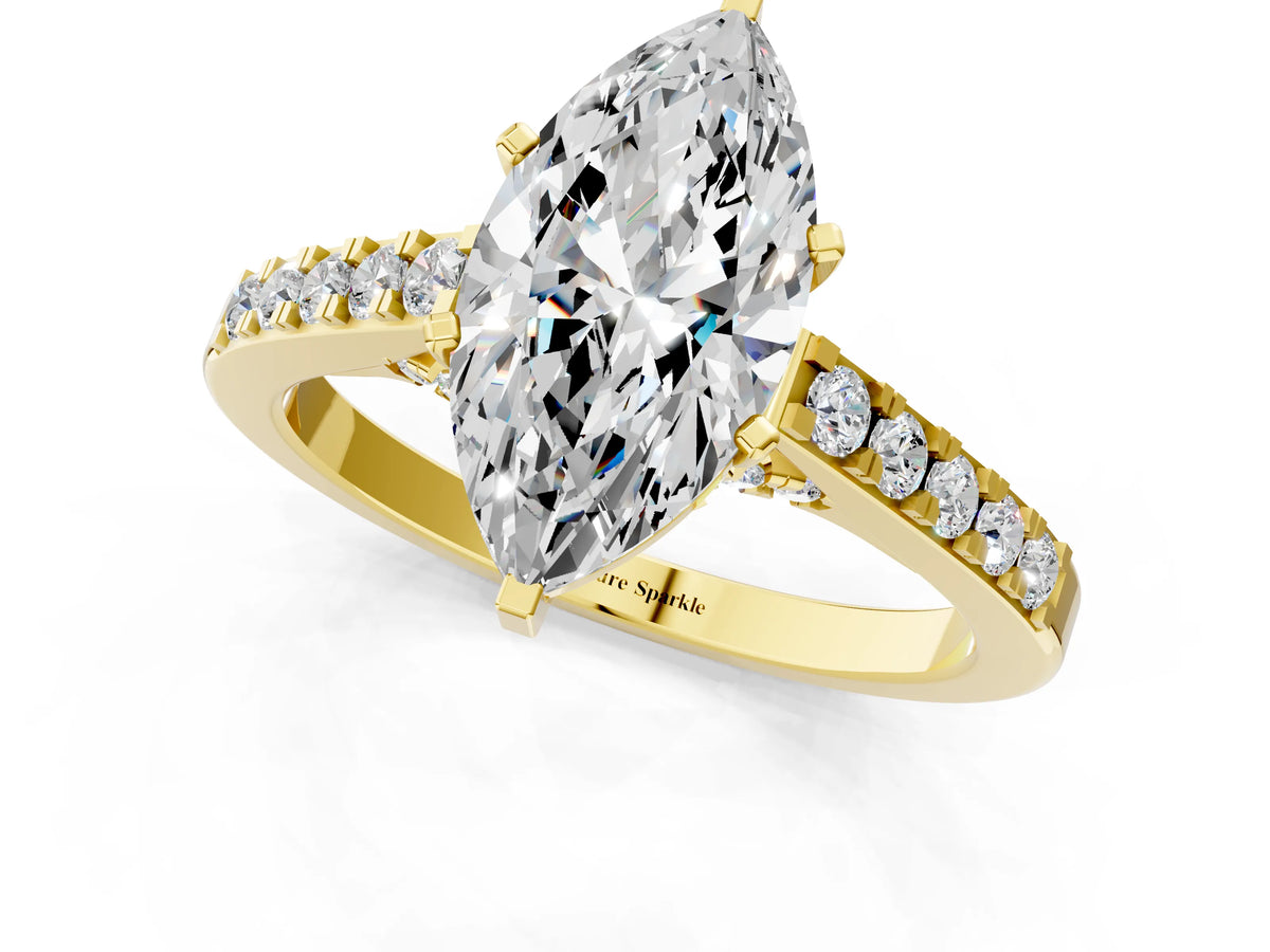 Yellow gold Marquise Cut Diamond Solitaire Ring with Crossover Gallery and Round Pavé Band_1