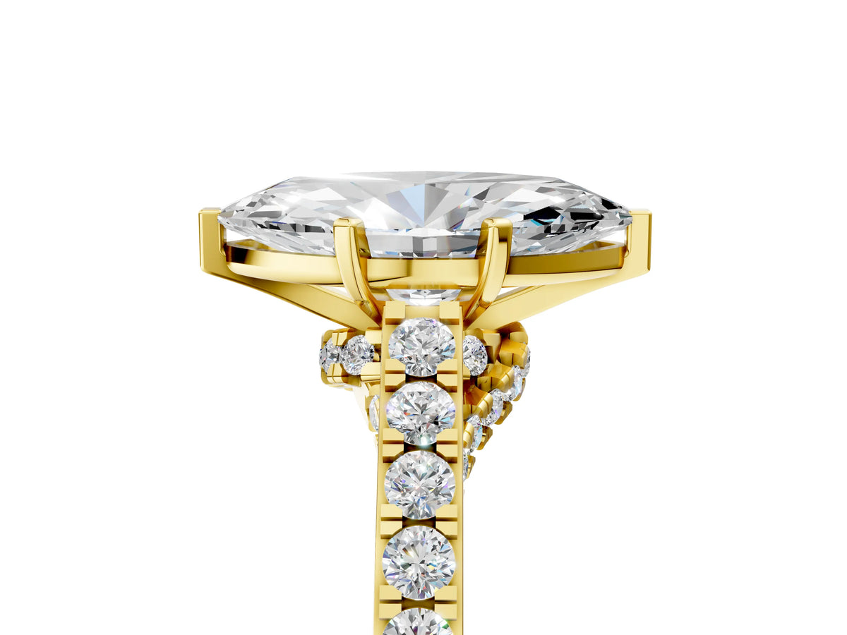 Yellow gold Marquise Cut Diamond Solitaire Ring with Crossover Gallery and Round Pavé Band_5