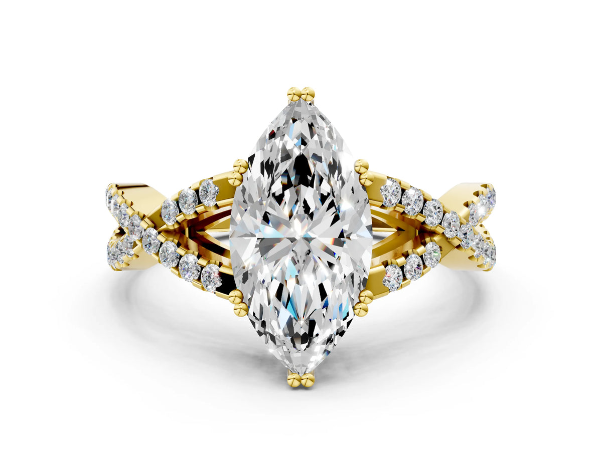 Yellow gold Marquise Cut Diamond Solitaire Ring with Four-Prong Setting and Twisted Pavé Band