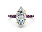 Yellow gold Marquise Cut Diamond Solitaire Ring with Round Amethyst Pavé Band and Prong Setting