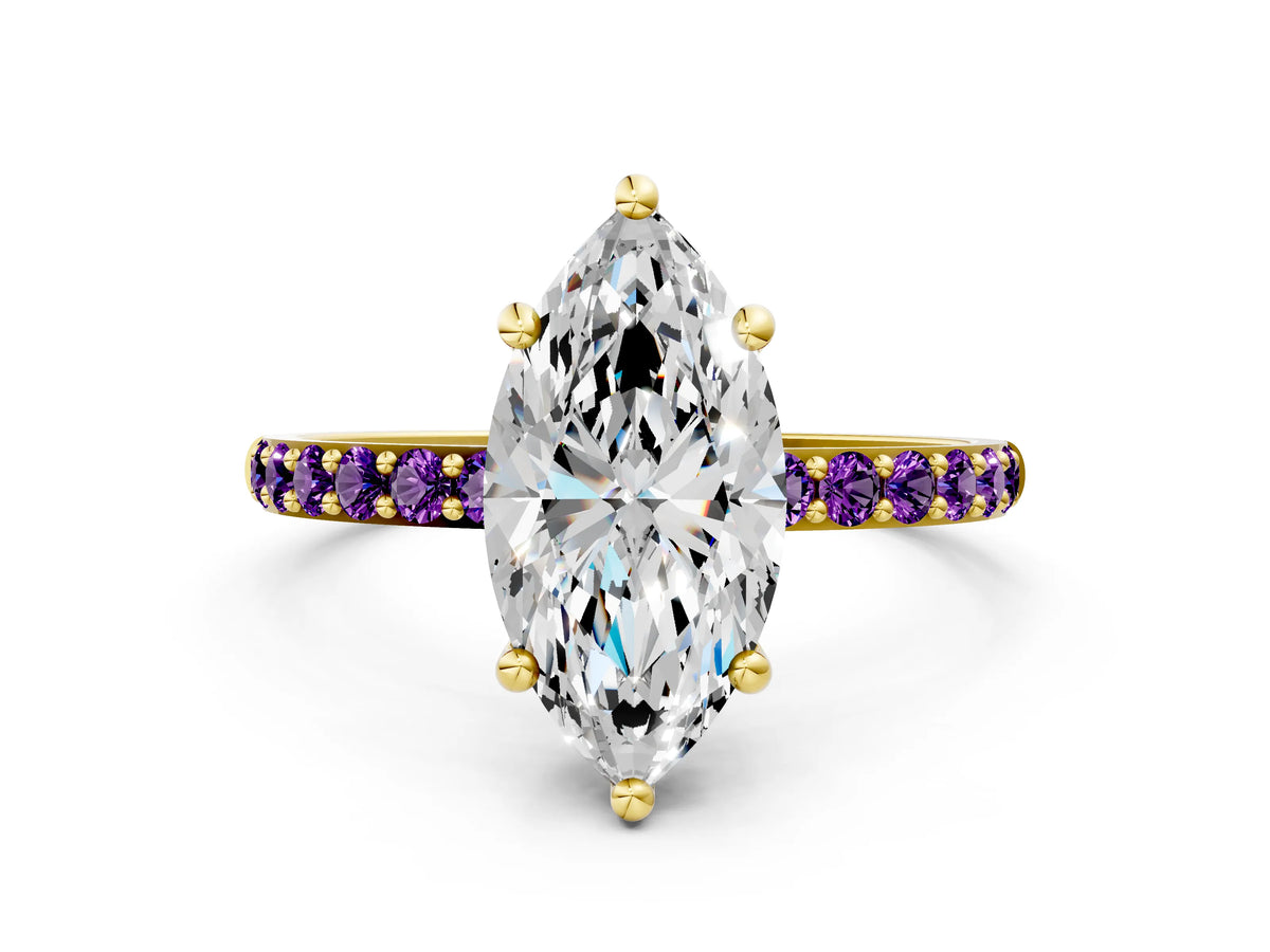 Yellow gold Marquise Cut Diamond Solitaire Ring with Round Amethyst Pavé Band and Prong Setting