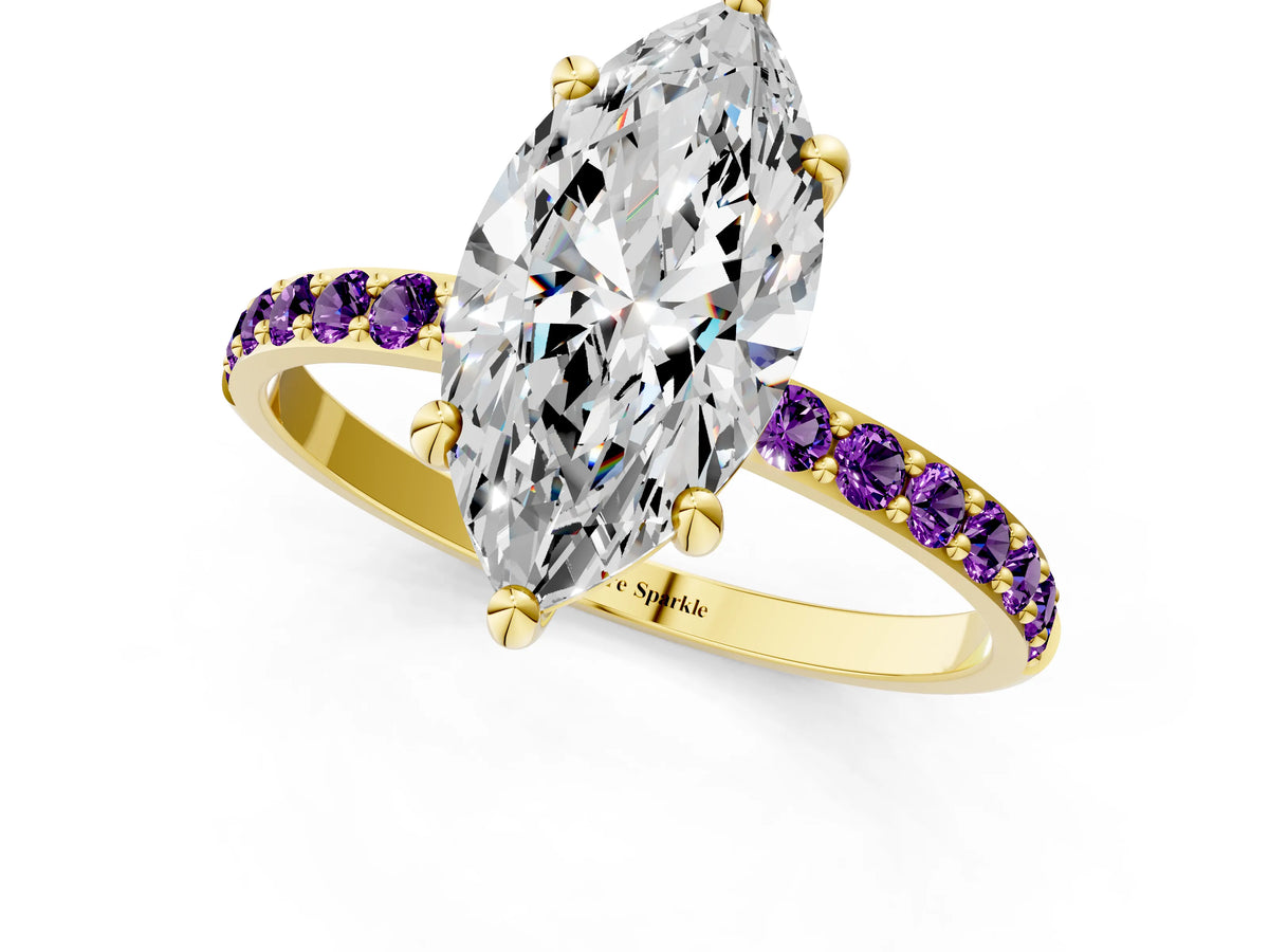 Yellow gold Marquise Cut Diamond Solitaire Ring with Round Amethyst Pavé Band and Prong Setting_1