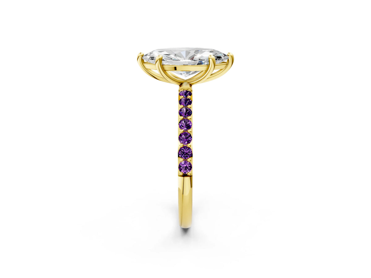 Yellow gold Marquise Cut Diamond Solitaire Ring with Round Amethyst Pavé Band and Prong Setting_2