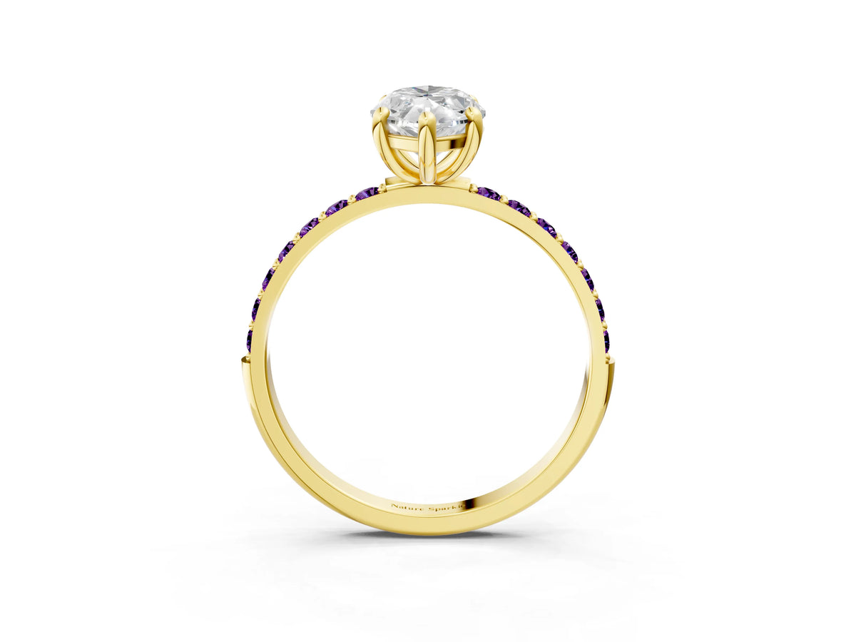 Yellow gold Marquise Cut Diamond Solitaire Ring with Round Amethyst Pavé Band and Prong Setting_3