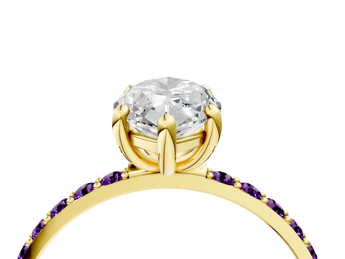 Yellow gold Marquise Cut Diamond Solitaire Ring with Round Amethyst Pavé Band and Prong Setting_4