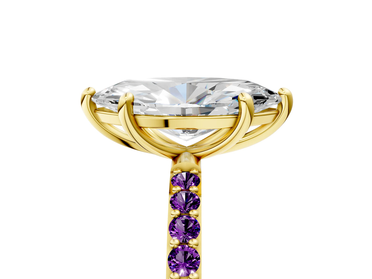 Yellow gold Marquise Cut Diamond Solitaire Ring with Round Amethyst Pavé Band and Prong Setting_5