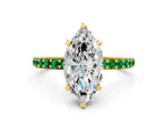 Yellow gold Marquise Cut Diamond Solitaire Ring with Round Emerald Pavé Band and Prong Setting