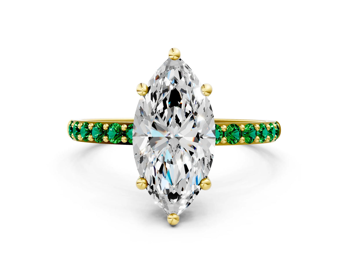 Yellow gold Marquise Cut Diamond Solitaire Ring with Round Emerald Pavé Band and Prong Setting