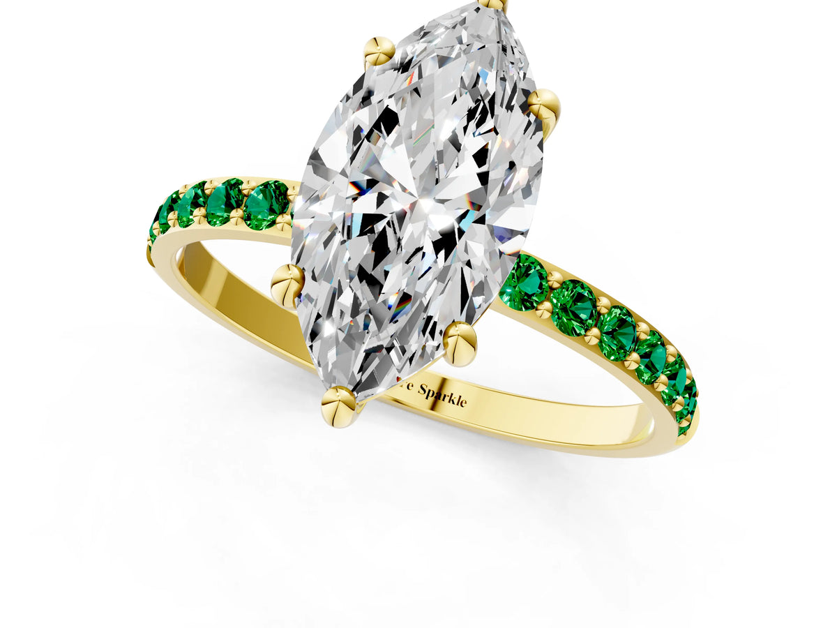 Yellow gold Marquise Cut Diamond Solitaire Ring with Round Emerald Pavé Band and Prong Setting_1