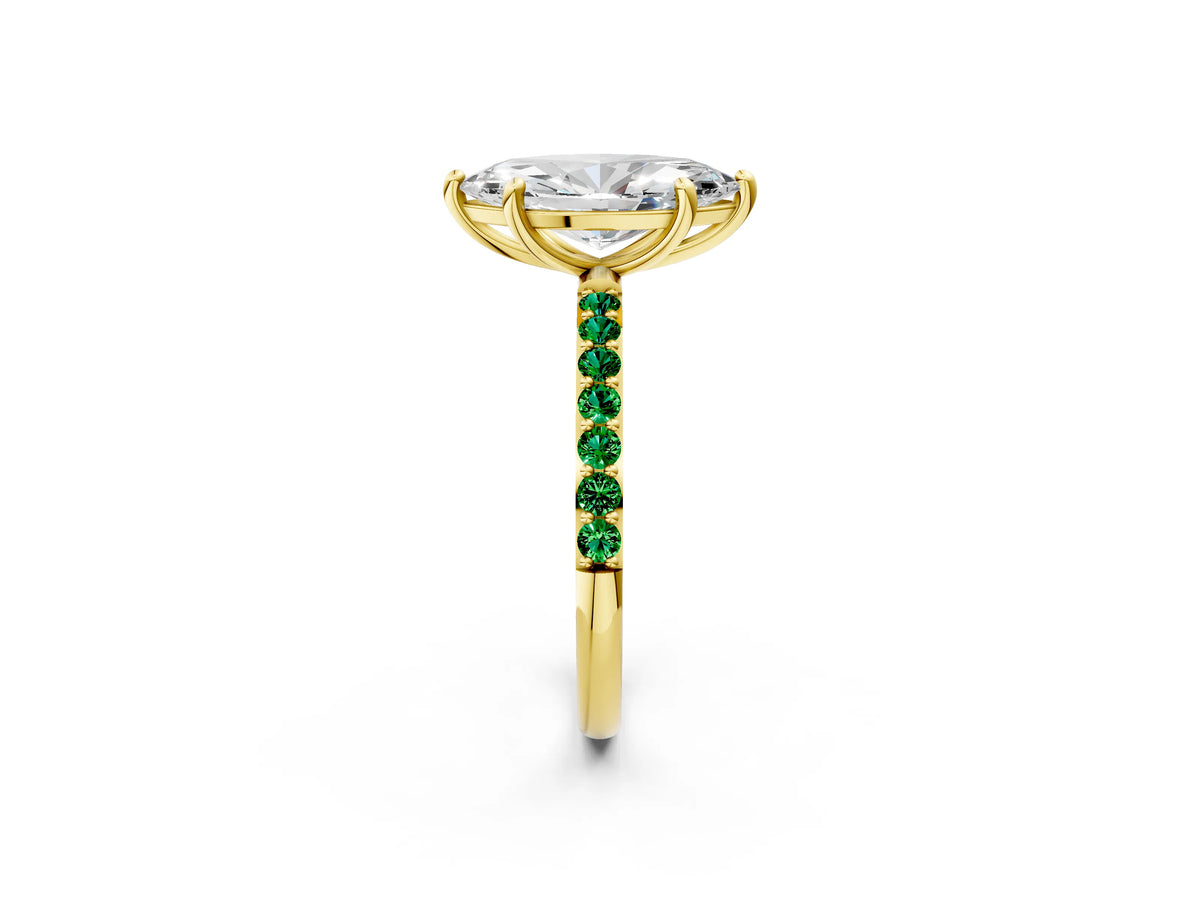 Yellow gold Marquise Cut Diamond Solitaire Ring with Round Emerald Pavé Band and Prong Setting_2