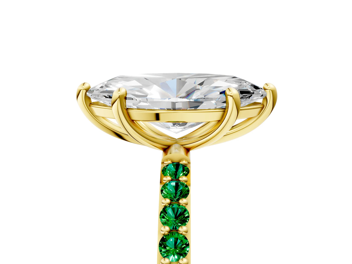 Yellow gold Marquise Cut Diamond Solitaire Ring with Round Emerald Pavé Band and Prong Setting_5