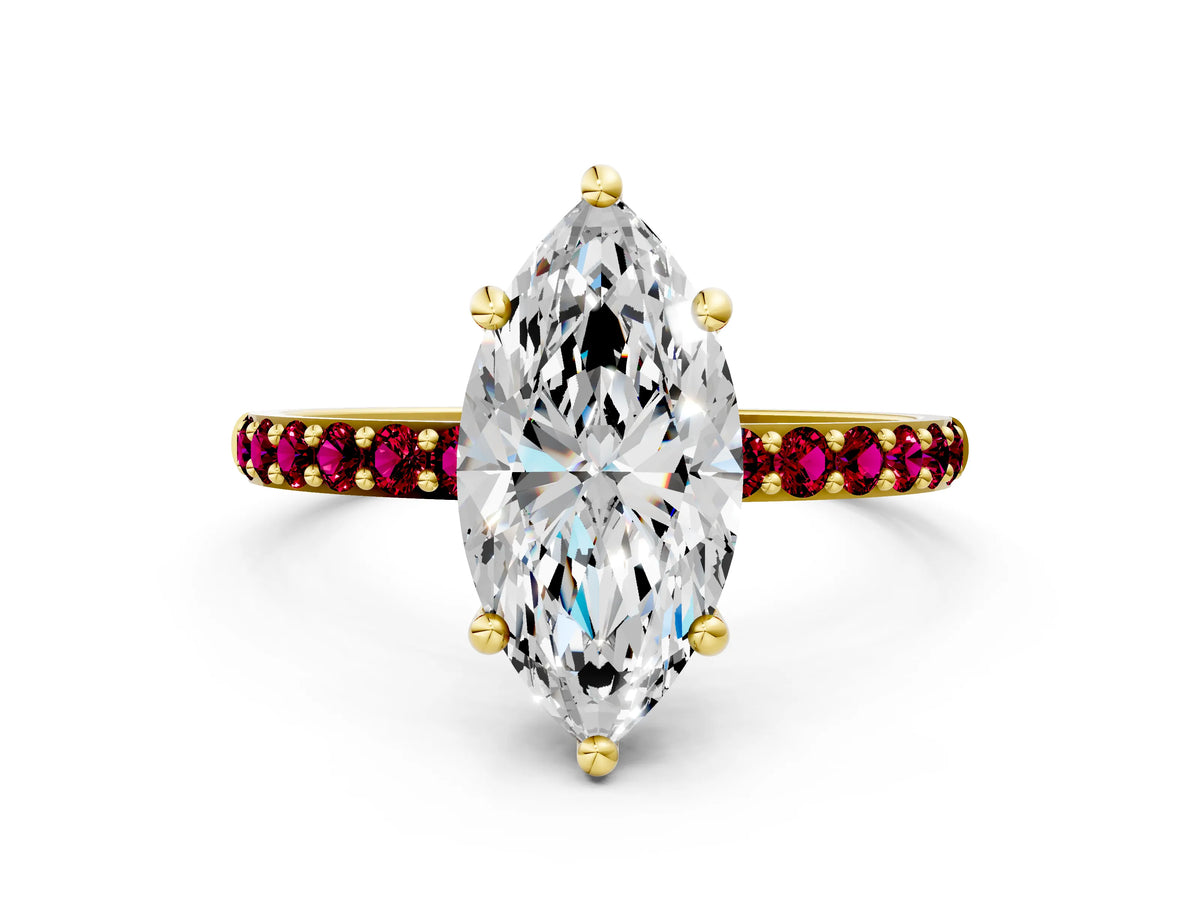 Yellow gold Marquise Cut Diamond Solitaire Ring with Round Garnet Pavé Band and Prong Setting