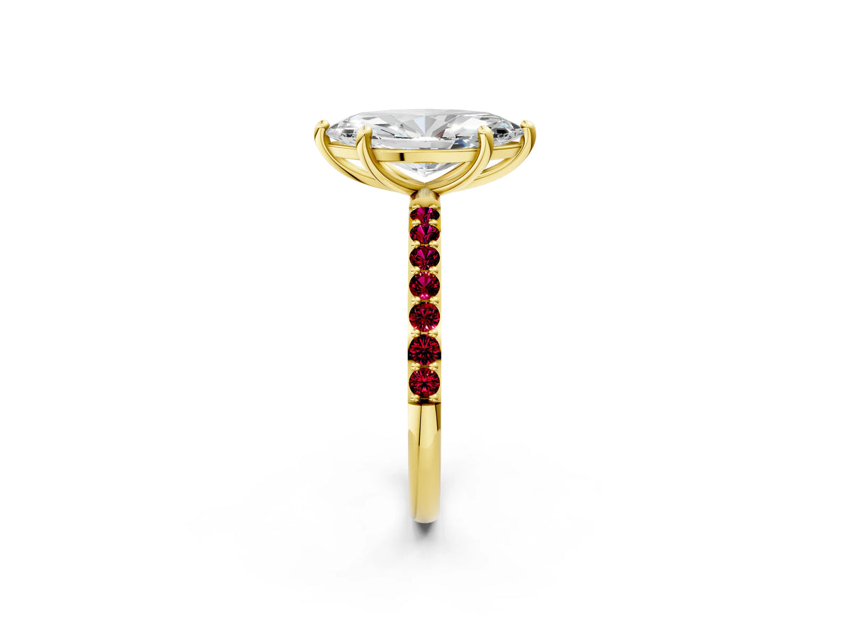 Yellow gold Marquise Cut Diamond Solitaire Ring with Round Garnet Pavé Band and Prong Setting_2