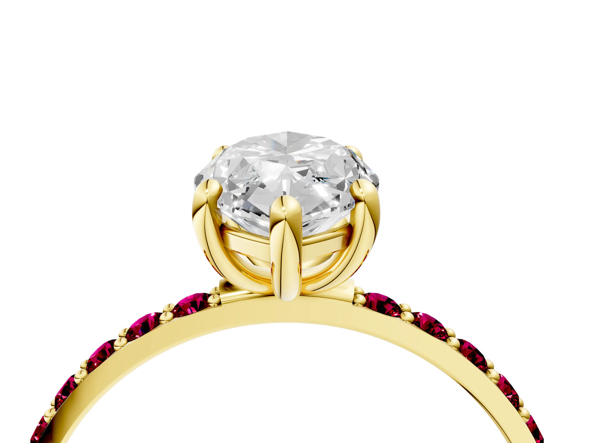 Yellow gold Marquise Cut Diamond Solitaire Ring with Round Garnet Pavé Band and Prong Setting_4