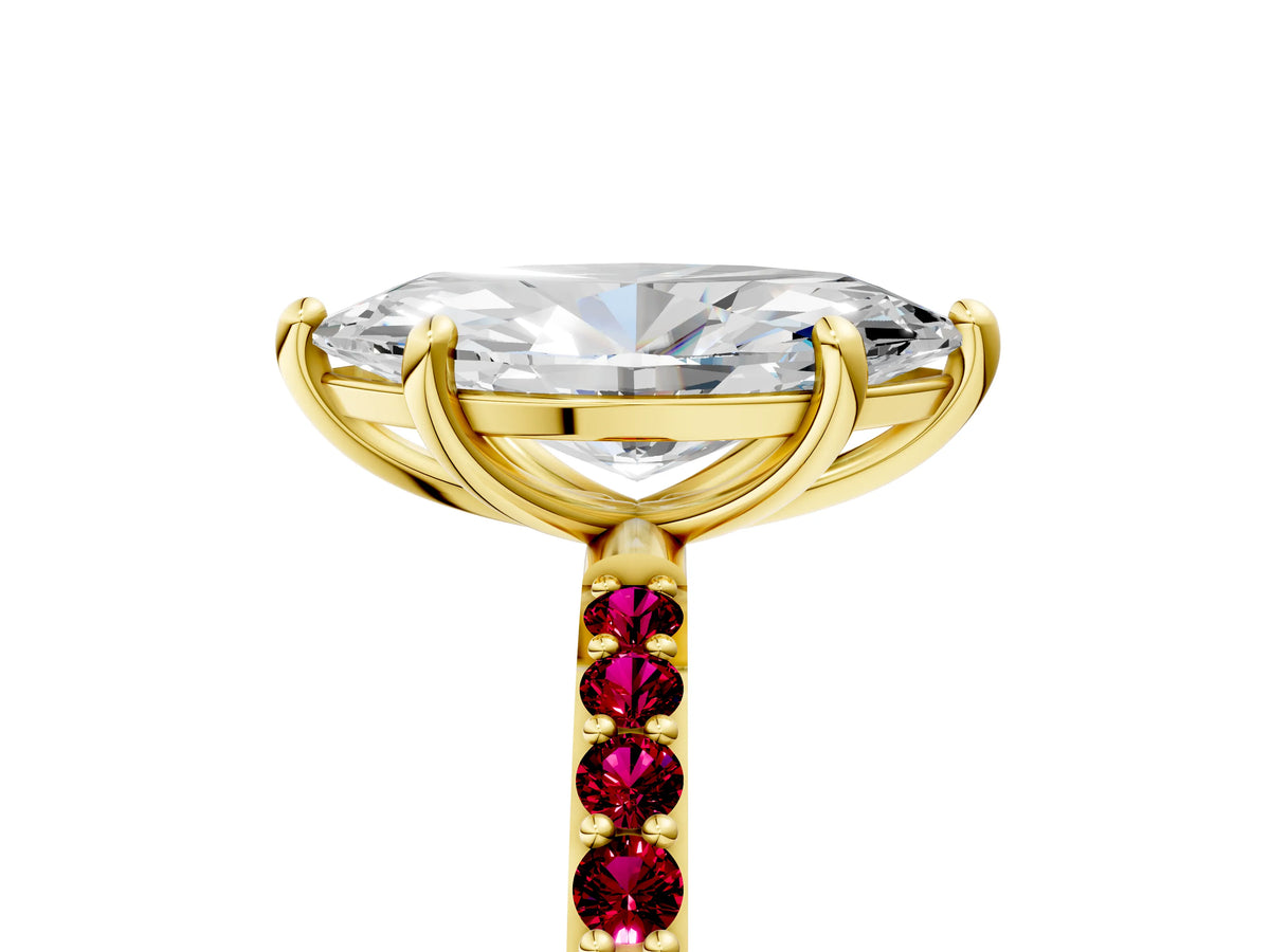Yellow gold Marquise Cut Diamond Solitaire Ring with Round Garnet Pavé Band and Prong Setting_5