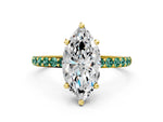 Yellow gold Marquise Cut Diamond Solitaire Ring with Round Green Sapphire Pavé Band and Prong Setting