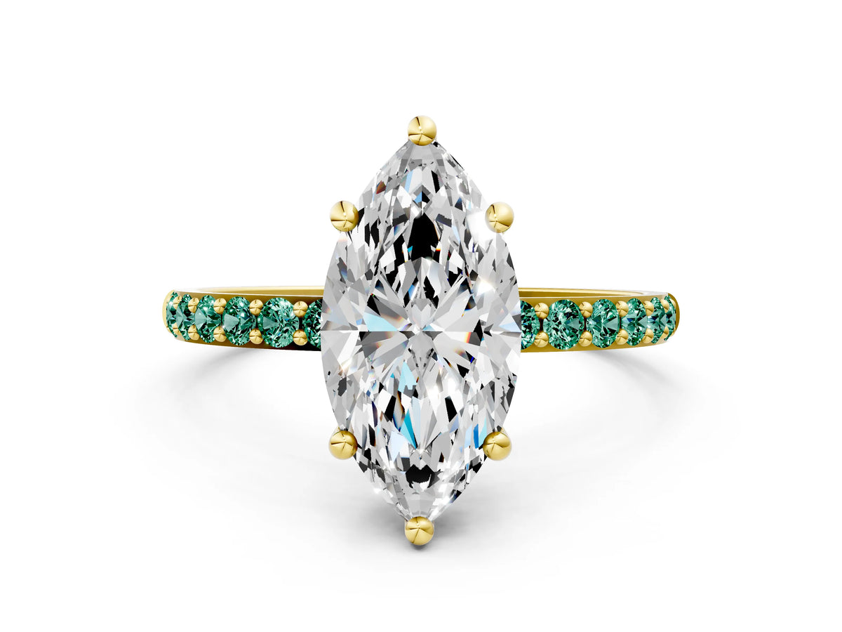 Yellow gold Marquise Cut Diamond Solitaire Ring with Round Green Sapphire Pavé Band and Prong Setting