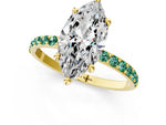 Yellow gold Marquise Cut Diamond Solitaire Ring with Round Green Sapphire Pavé Band and Prong Setting_1