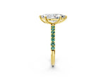 Yellow gold Marquise Cut Diamond Solitaire Ring with Round Green Sapphire Pavé Band and Prong Setting_2