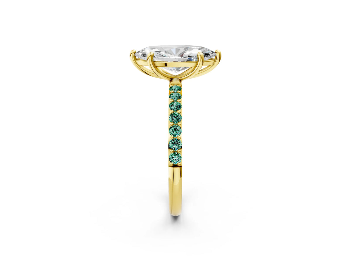Yellow gold Marquise Cut Diamond Solitaire Ring with Round Green Sapphire Pavé Band and Prong Setting_2