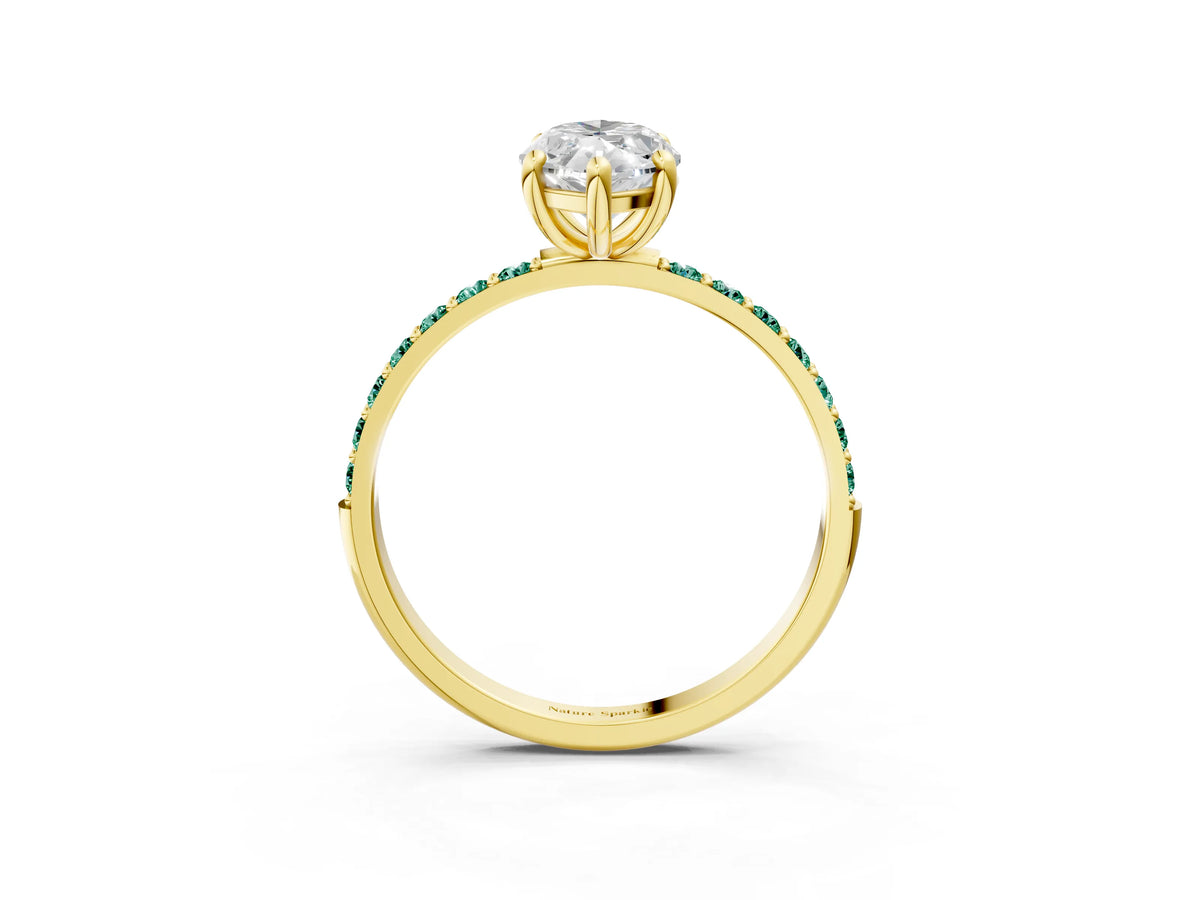 Yellow gold Marquise Cut Diamond Solitaire Ring with Round Green Sapphire Pavé Band and Prong Setting_3