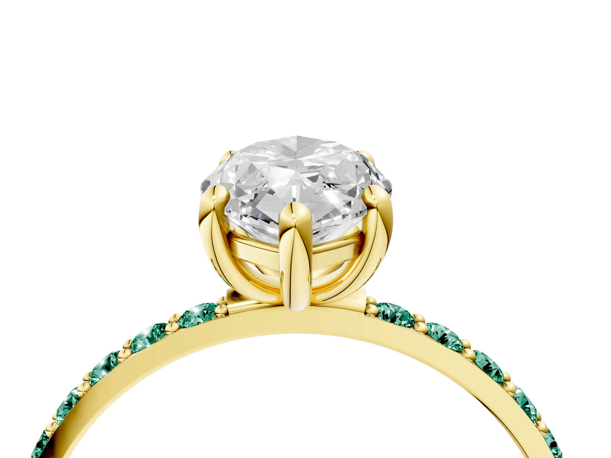 Yellow gold Marquise Cut Diamond Solitaire Ring with Round Green Sapphire Pavé Band and Prong Setting_4