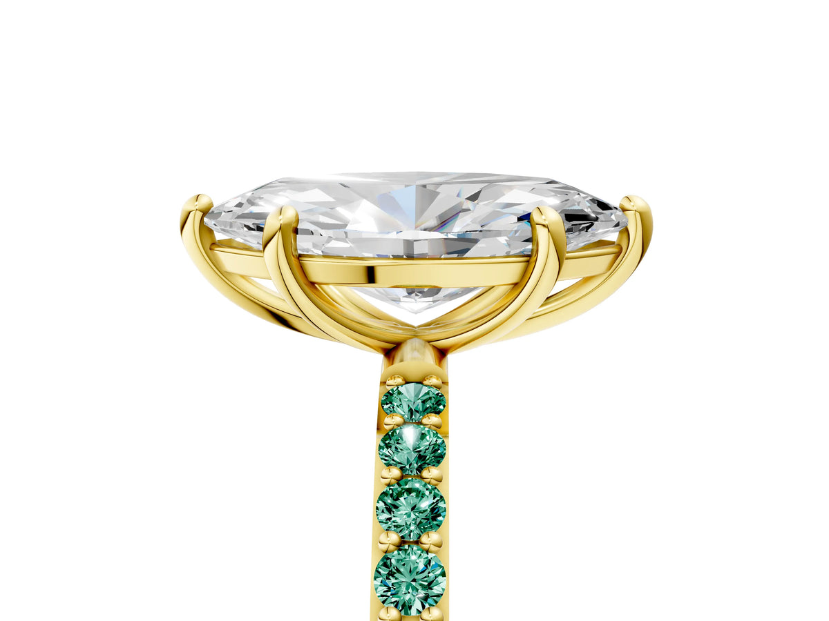 Yellow gold Marquise Cut Diamond Solitaire Ring with Round Green Sapphire Pavé Band and Prong Setting_5
