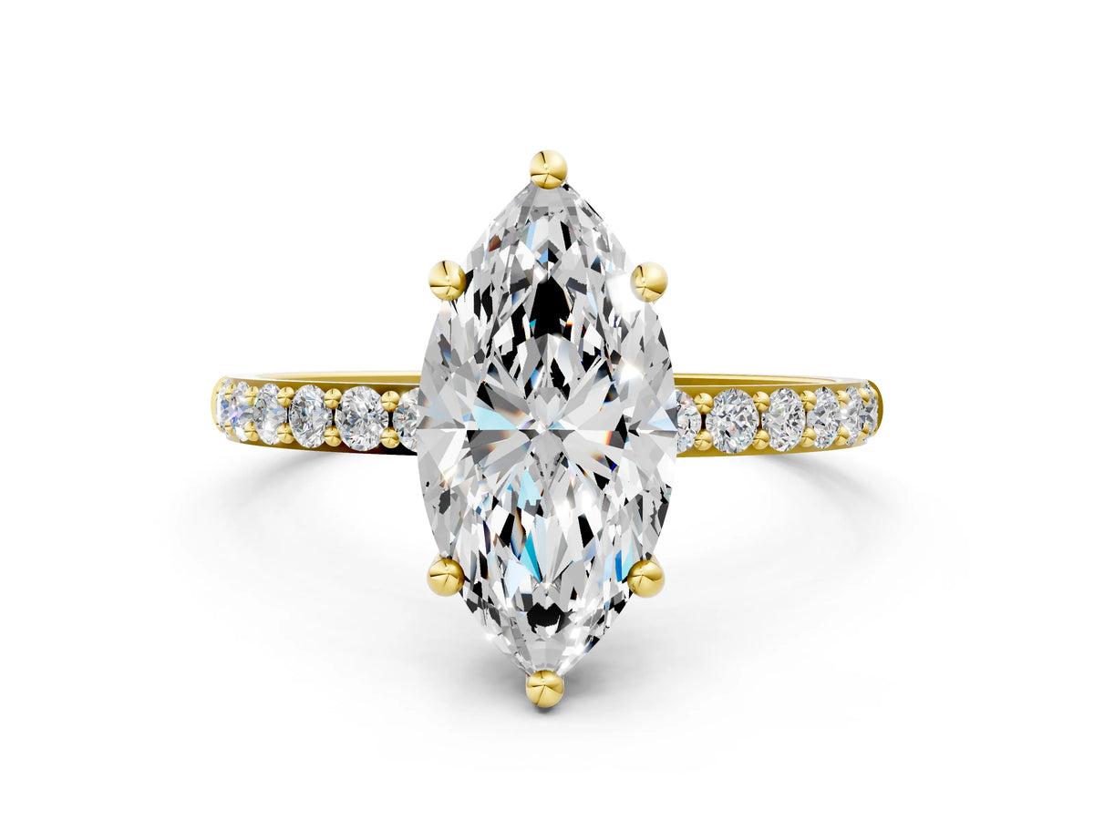 Yellow gold Marquise Cut Diamond Solitaire Ring with Round Moissanite Pavé Band and Prong Setting