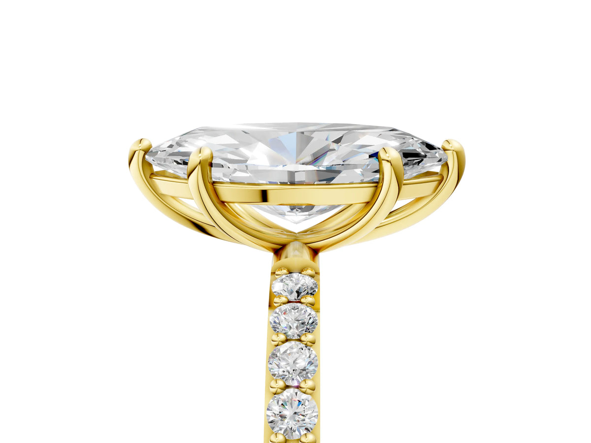 Yellow gold Marquise Cut Diamond Solitaire Ring with Round Moissanite Pavé Band and Prong Setting_5