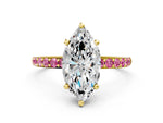 Yellow gold Marquise Cut Diamond Solitaire Ring with Round Pink Sapphire Pavé Band and Prong Setting