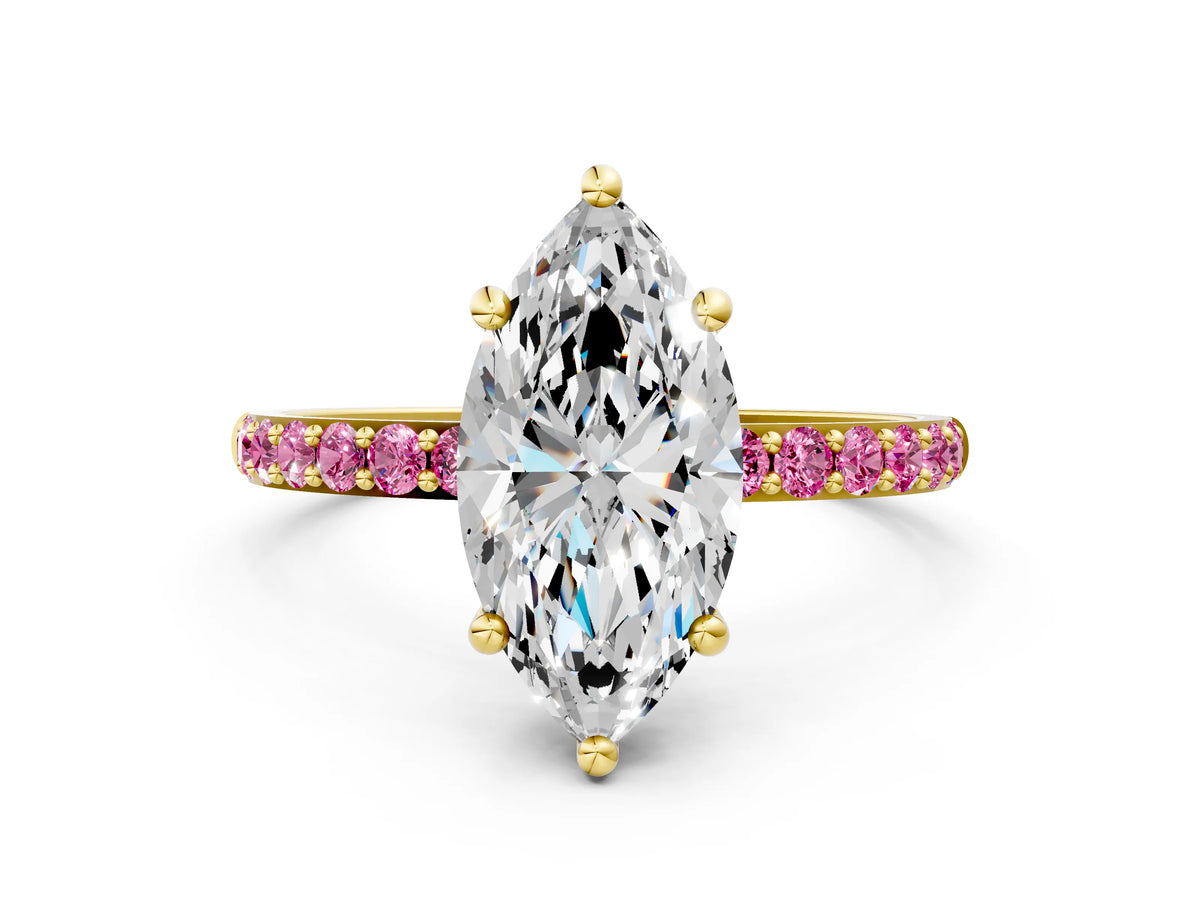 Yellow gold Marquise Cut Diamond Solitaire Ring with Round Pink Sapphire Pavé Band and Prong Setting
