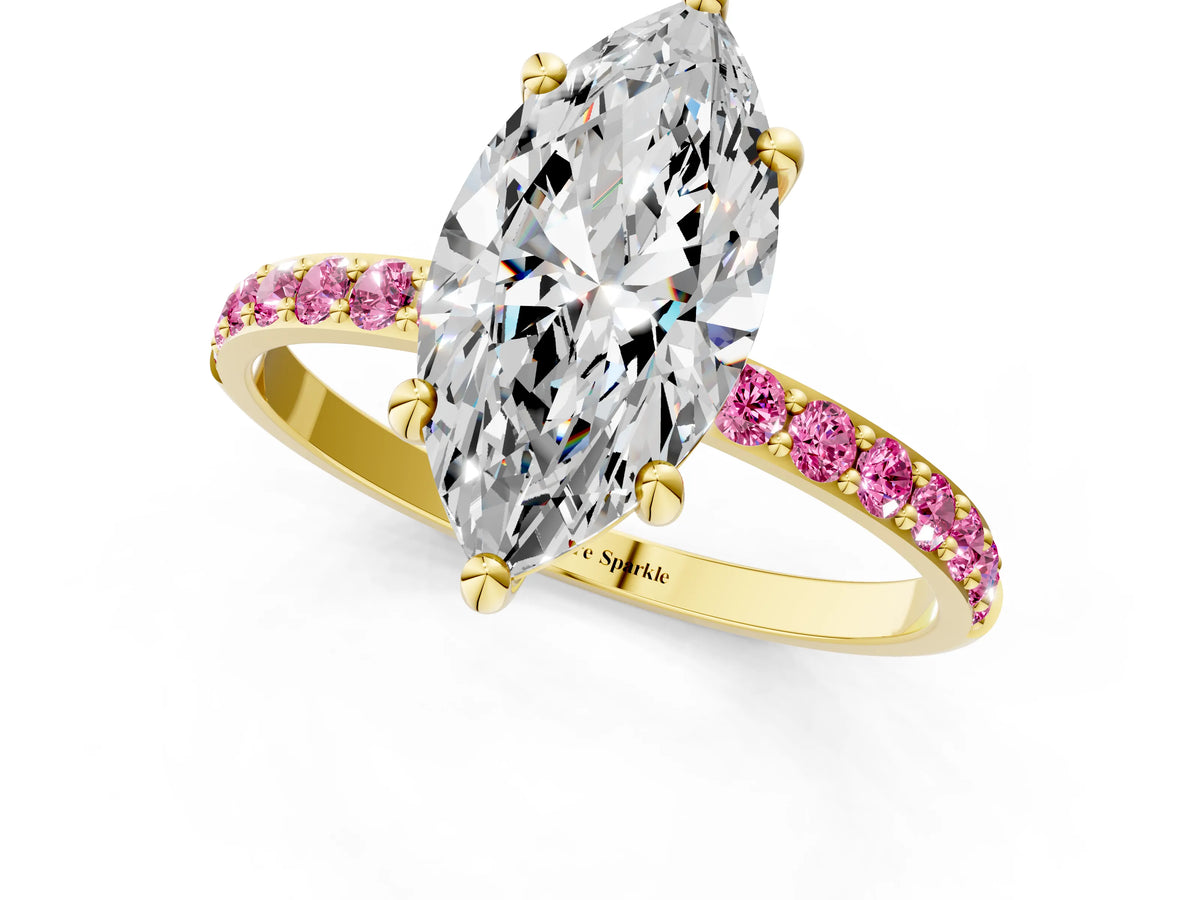 Yellow gold Marquise Cut Diamond Solitaire Ring with Round Pink Sapphire Pavé Band and Prong Setting_1