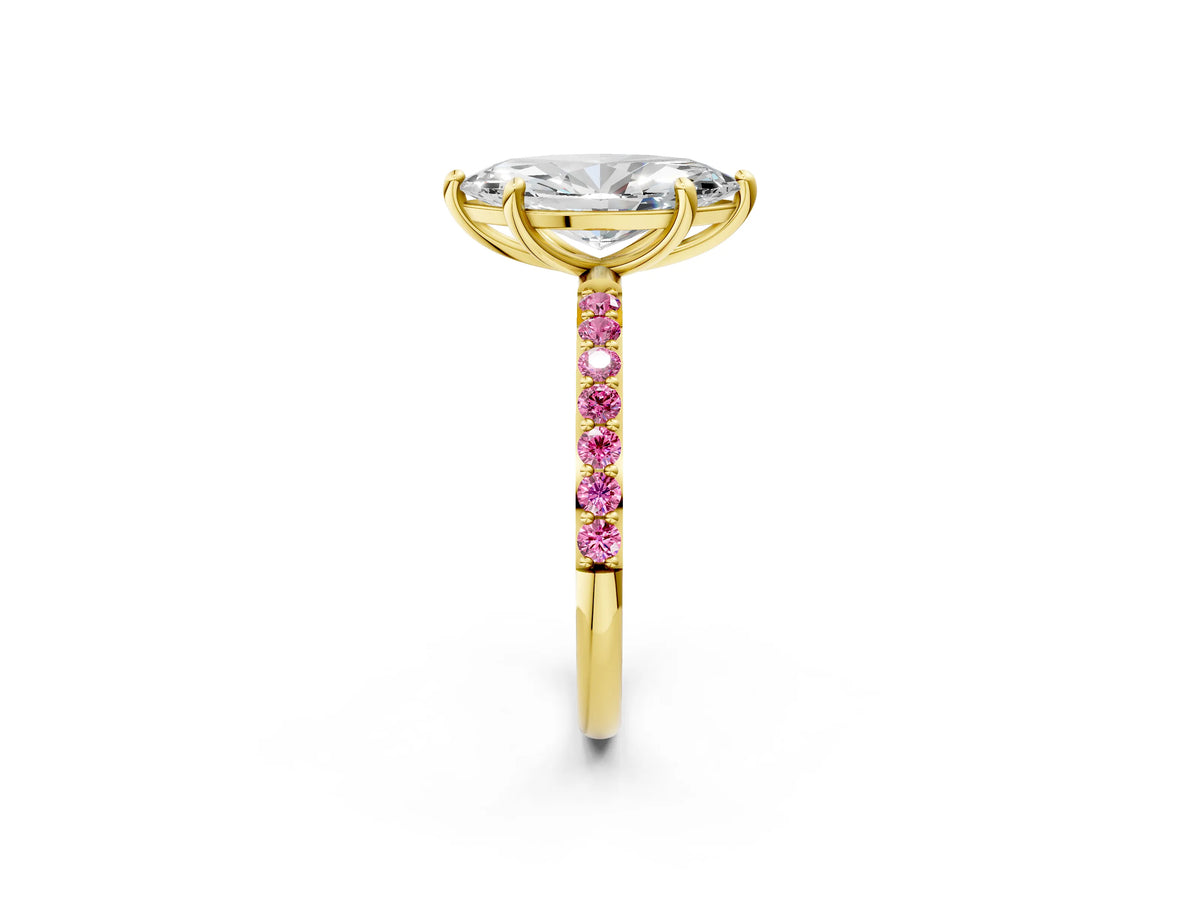 Yellow gold Marquise Cut Diamond Solitaire Ring with Round Pink Sapphire Pavé Band and Prong Setting_2
