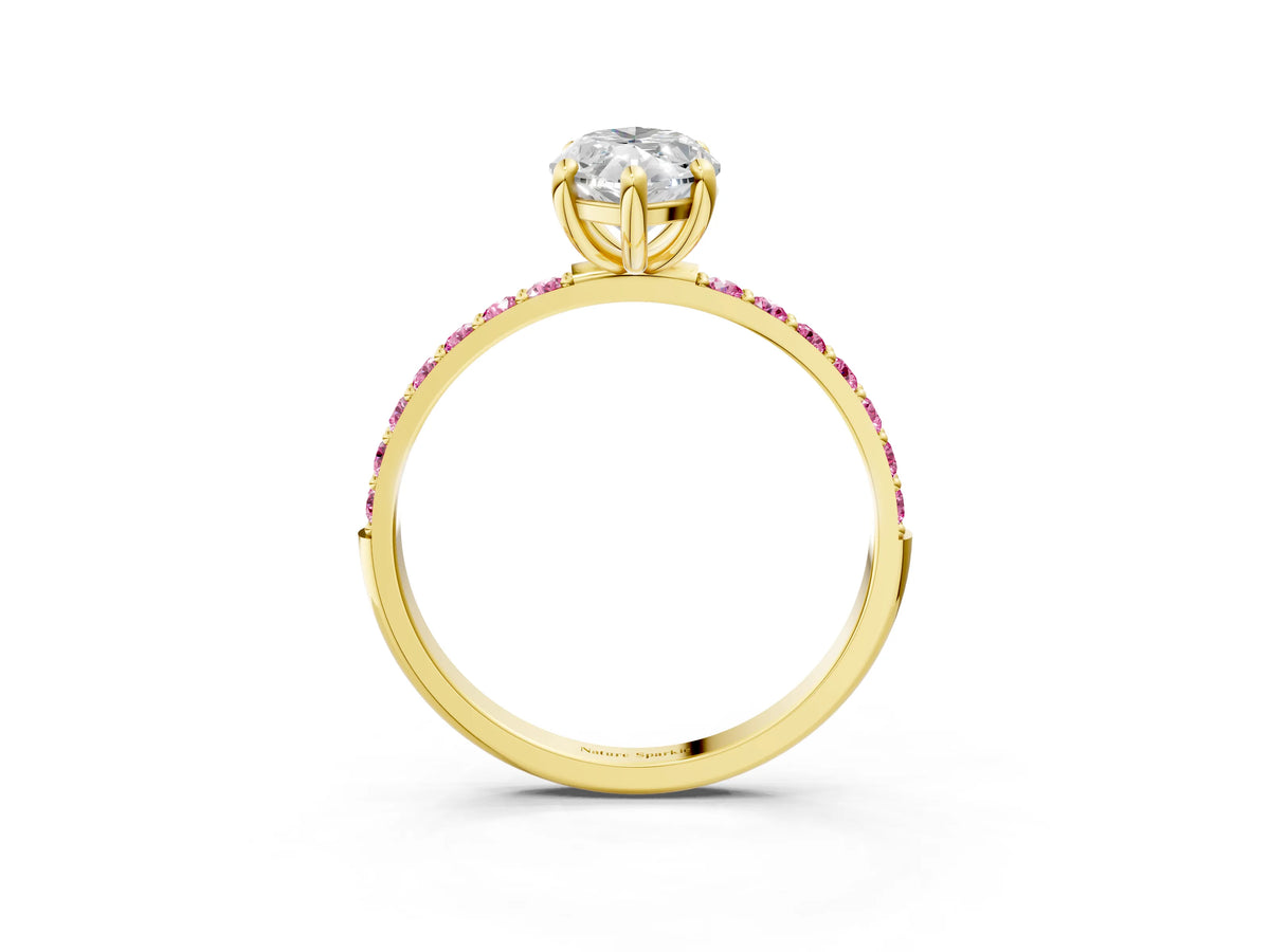 Yellow gold Marquise Cut Diamond Solitaire Ring with Round Pink Sapphire Pavé Band and Prong Setting_3