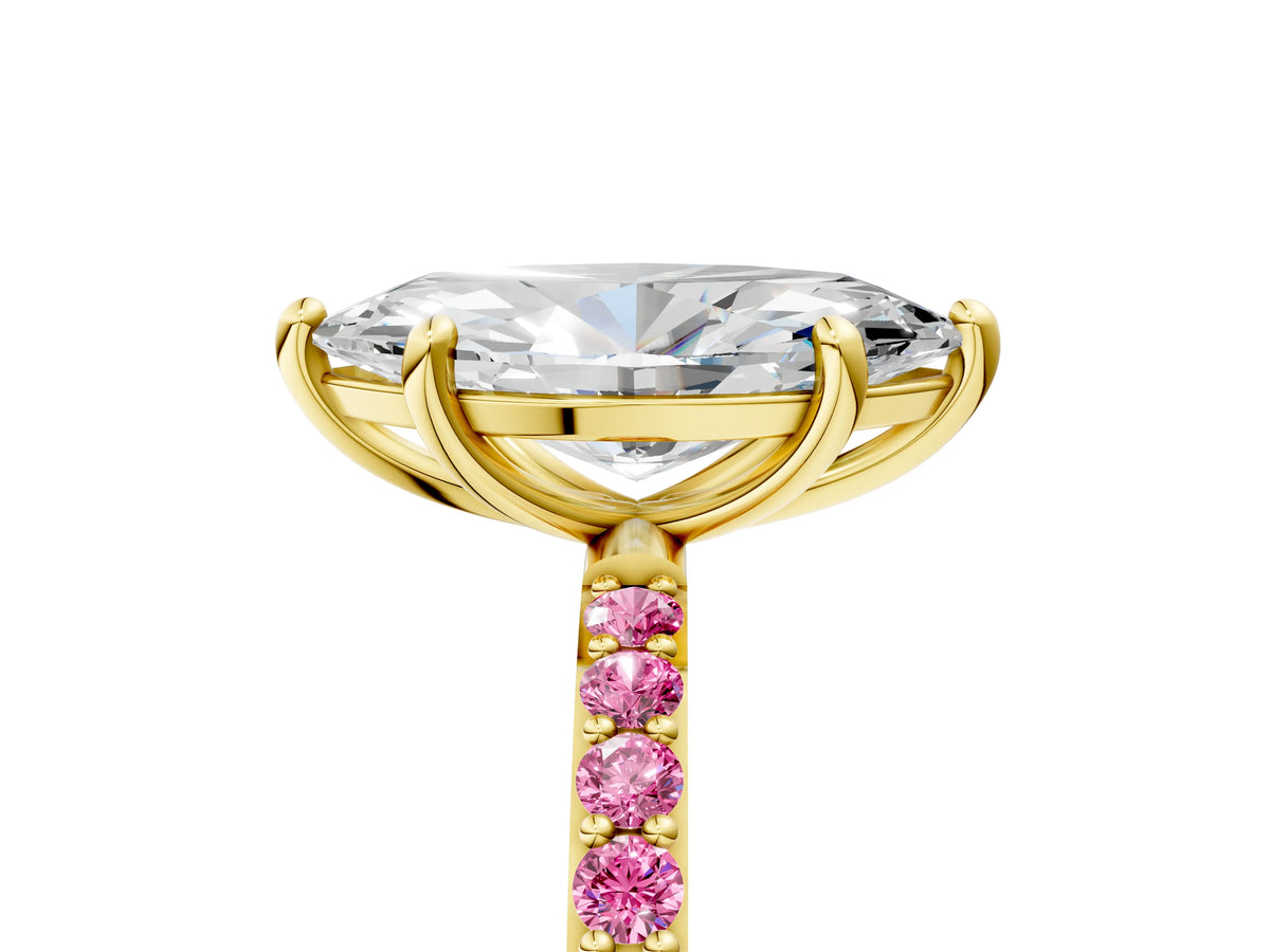 Yellow gold Marquise Cut Diamond Solitaire Ring with Round Pink Sapphire Pavé Band and Prong Setting_5