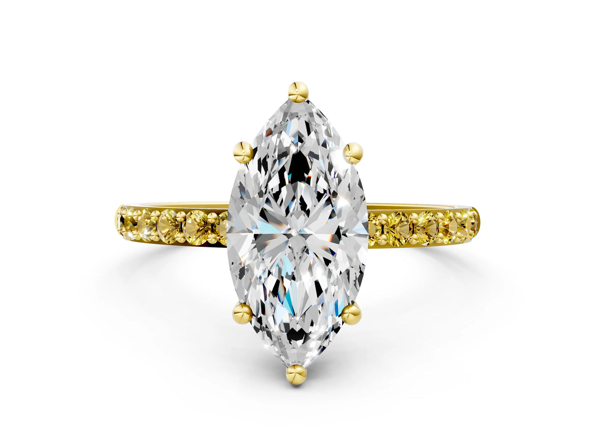 Yellow gold Marquise Cut Diamond Solitaire Ring with Round Yellow Sapphire Pavé Band and Prong Setting