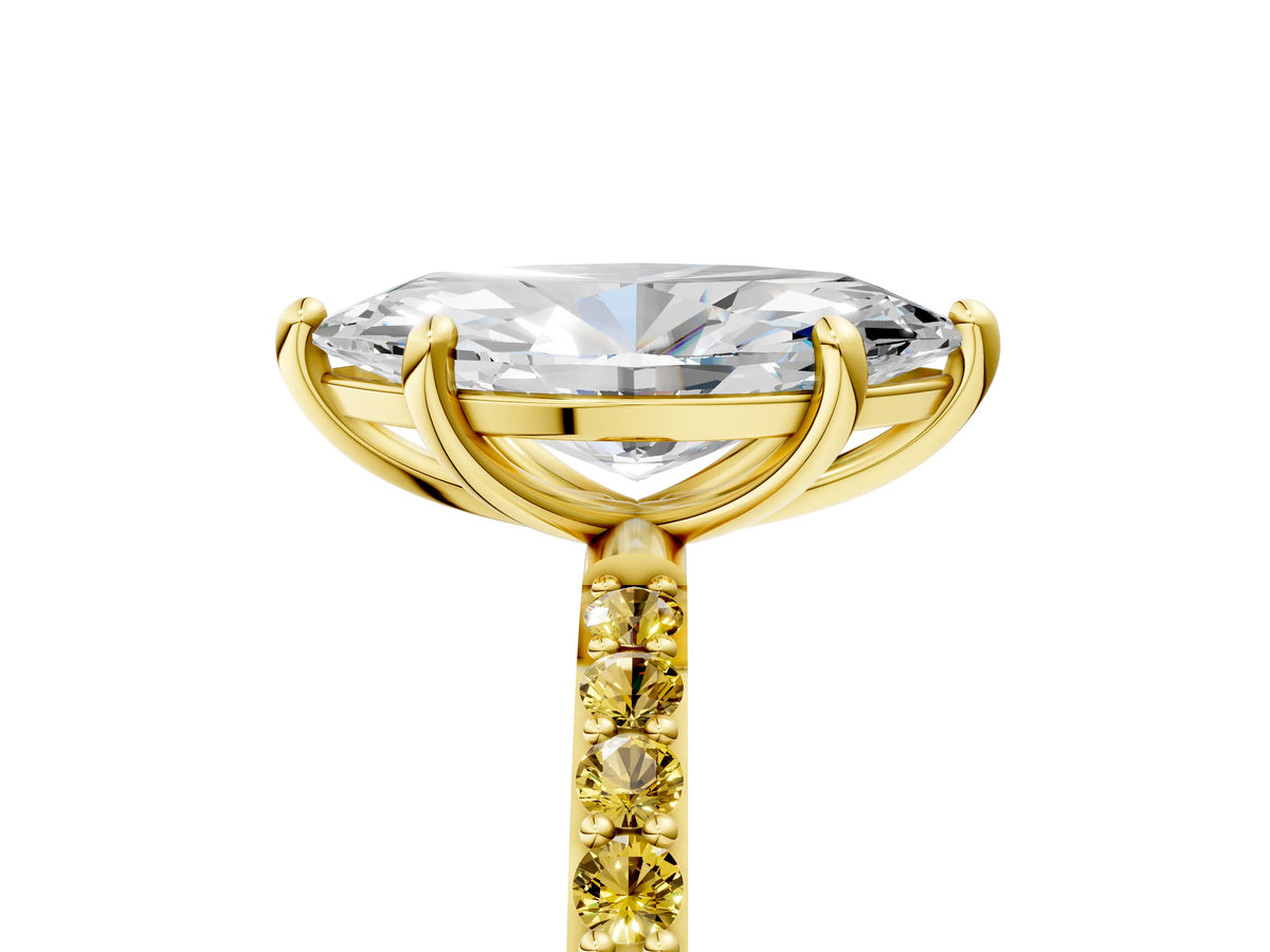 Yellow gold Marquise Cut Diamond Solitaire Ring with Round Yellow Sapphire Pavé Band and Prong Setting_5