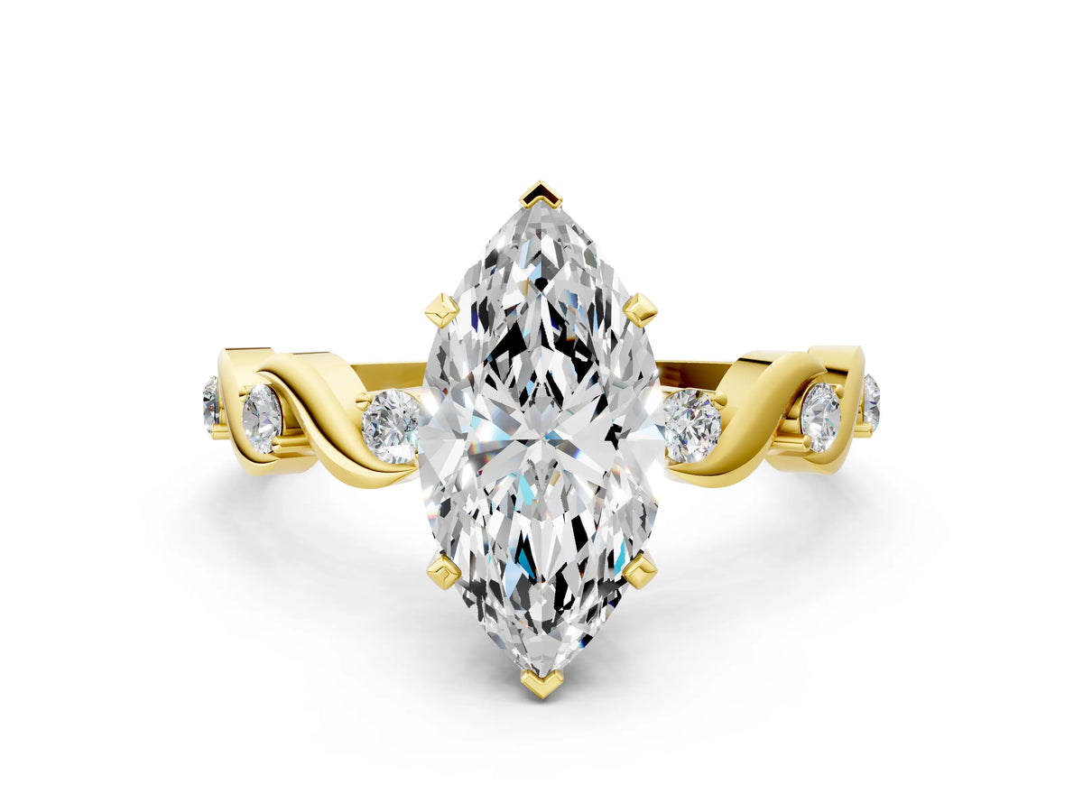 Yellow gold Marquise Cut Diamond Solitaire Twisted Band with Round Accents and Prong Setting