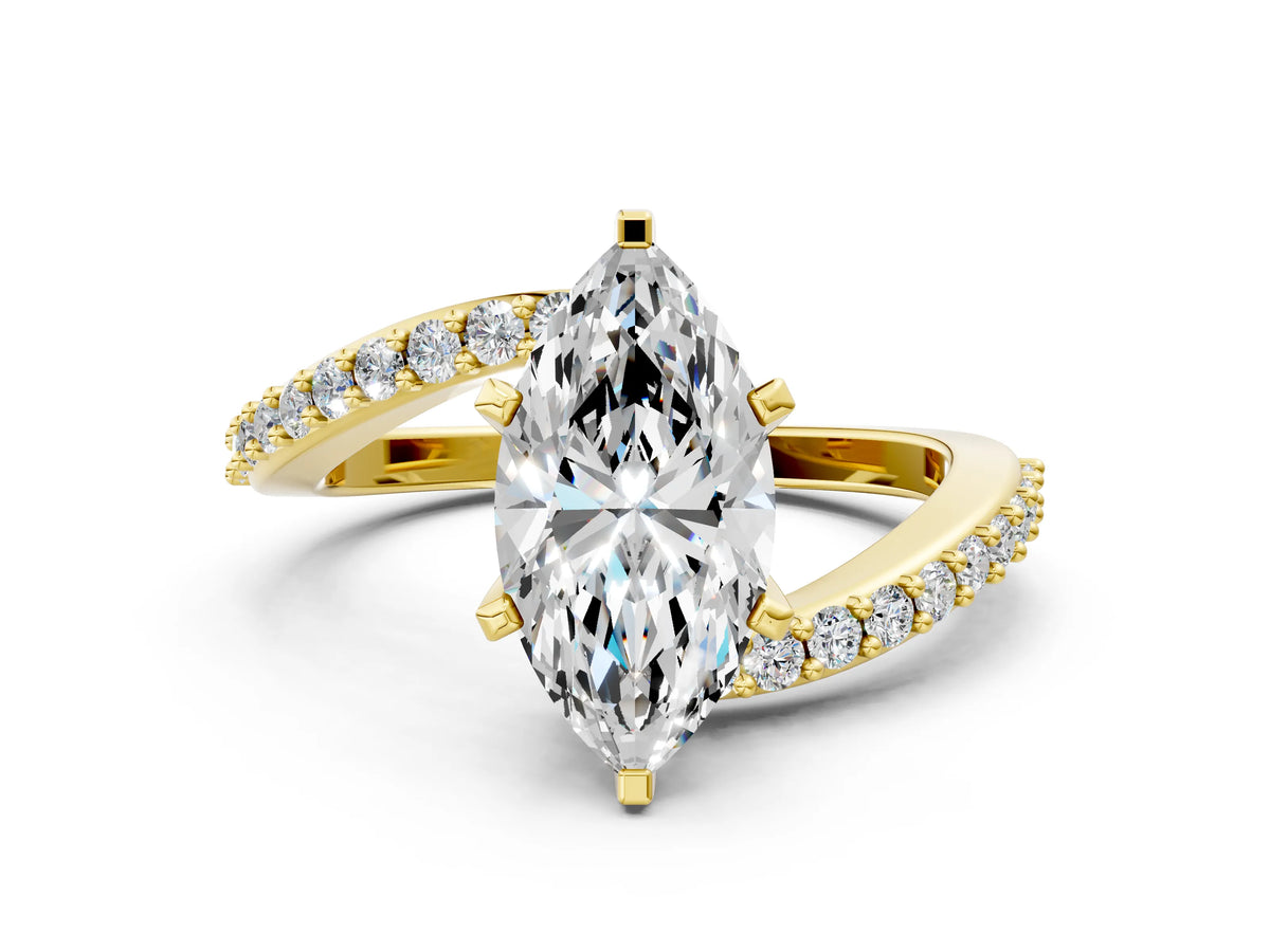 Yellow gold Marquise Cut Solitaire Twist Band with Pave Set Diamonds and Four-Prong Setting