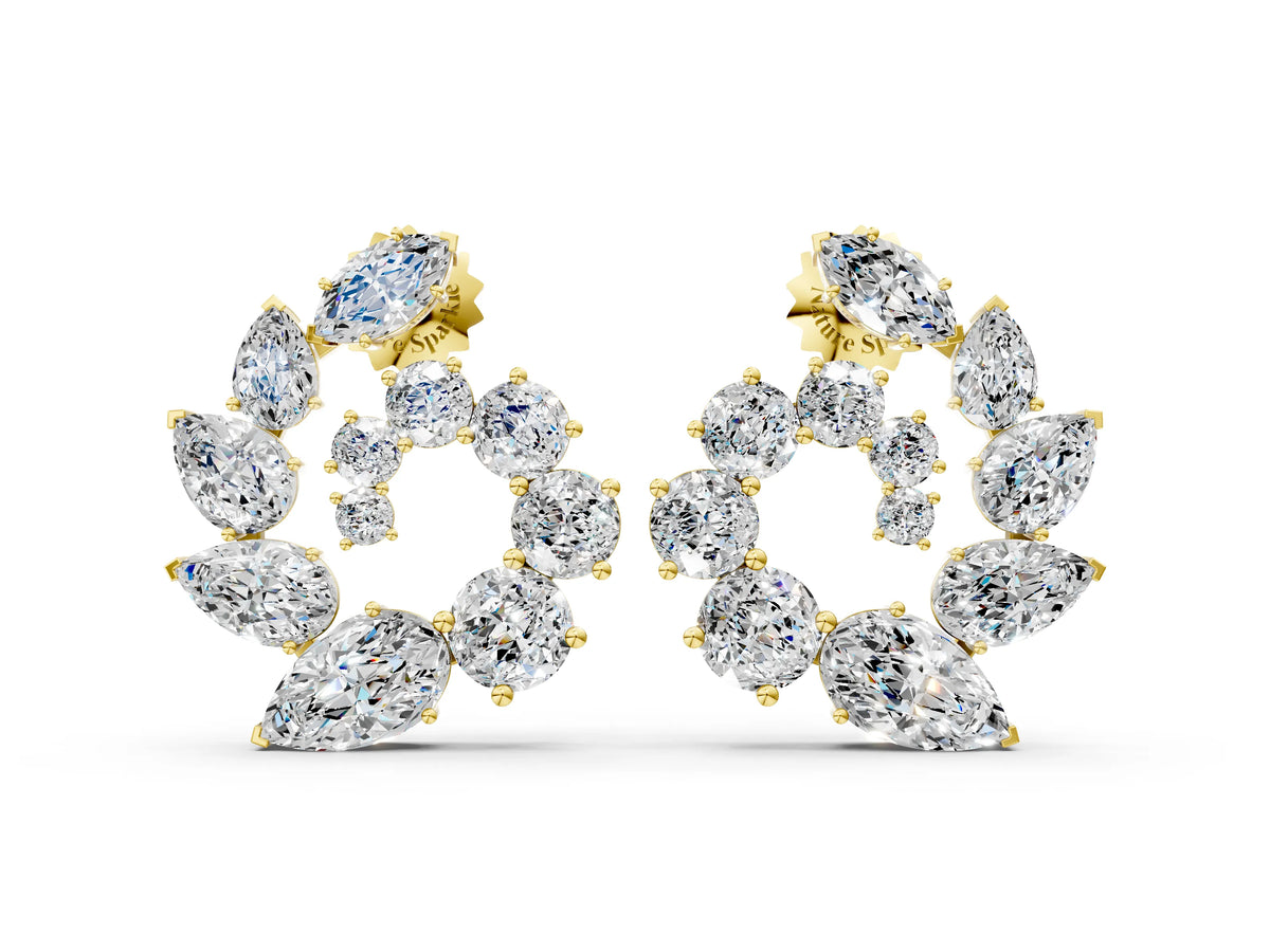 Yellow gold Marquise, Pear and Round Diamond Graduated Cluster Stud Earrings