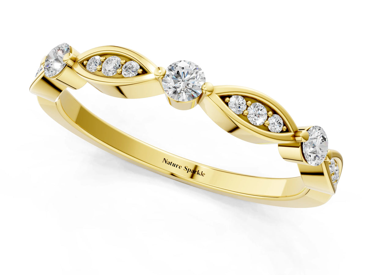 Yellow gold Marquise and Round Diamond Milgrain Band with Bezel Setting_1