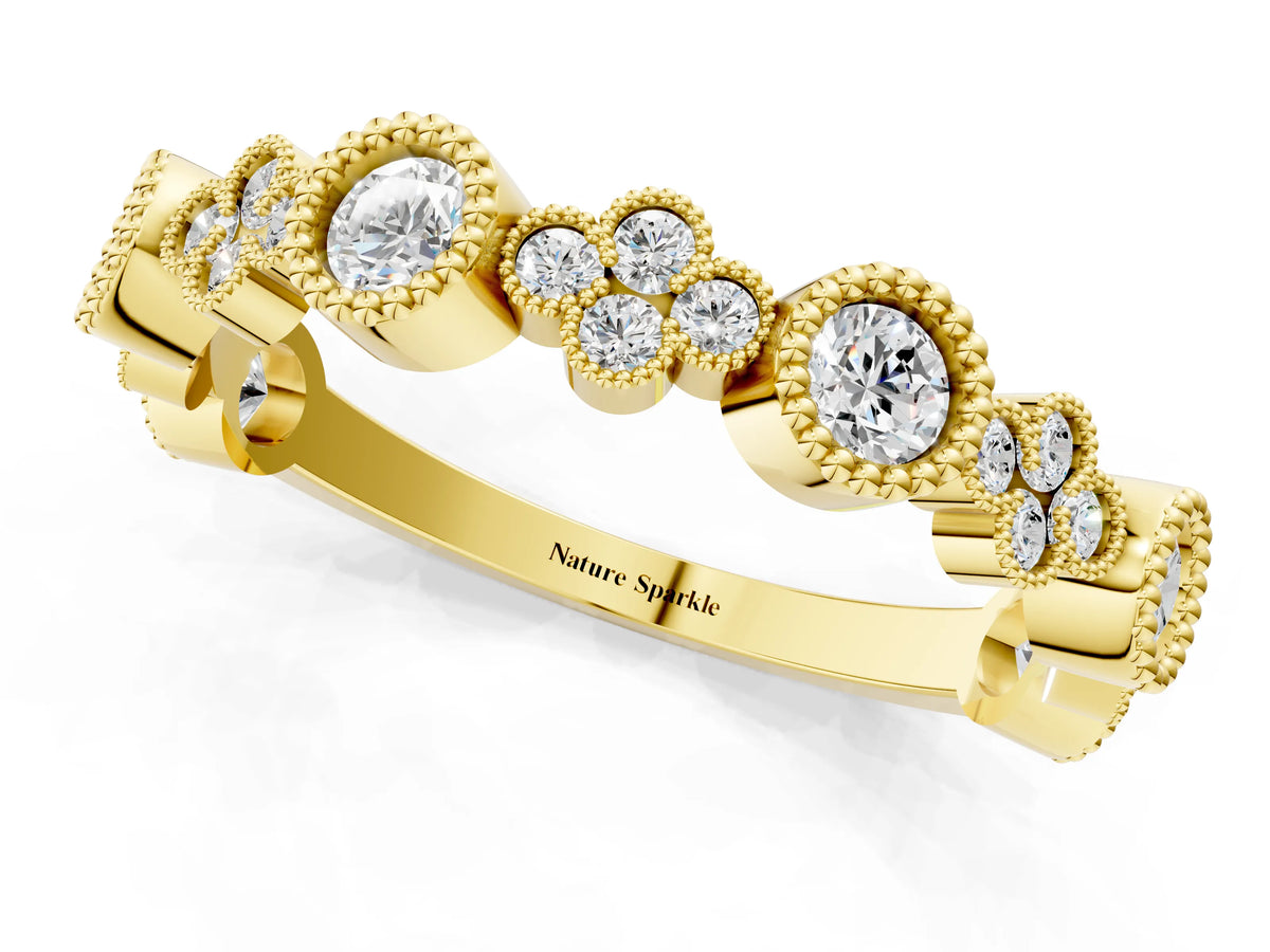 Yellow gold Milgrain Bezel Set Round Diamond Cluster Eternity Band_1
