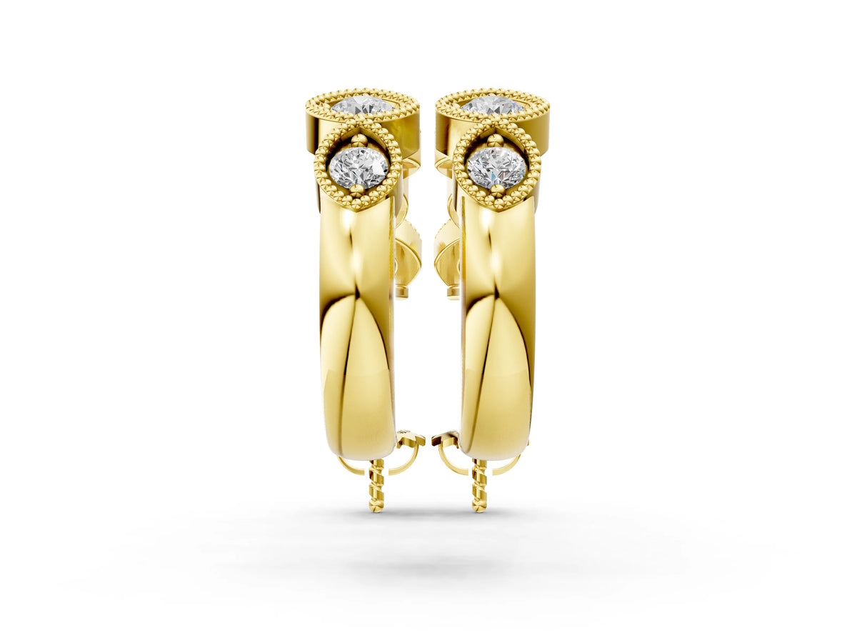 Yellow gold Milgrain Cushion and Marquise Diamond Hoop Earrings