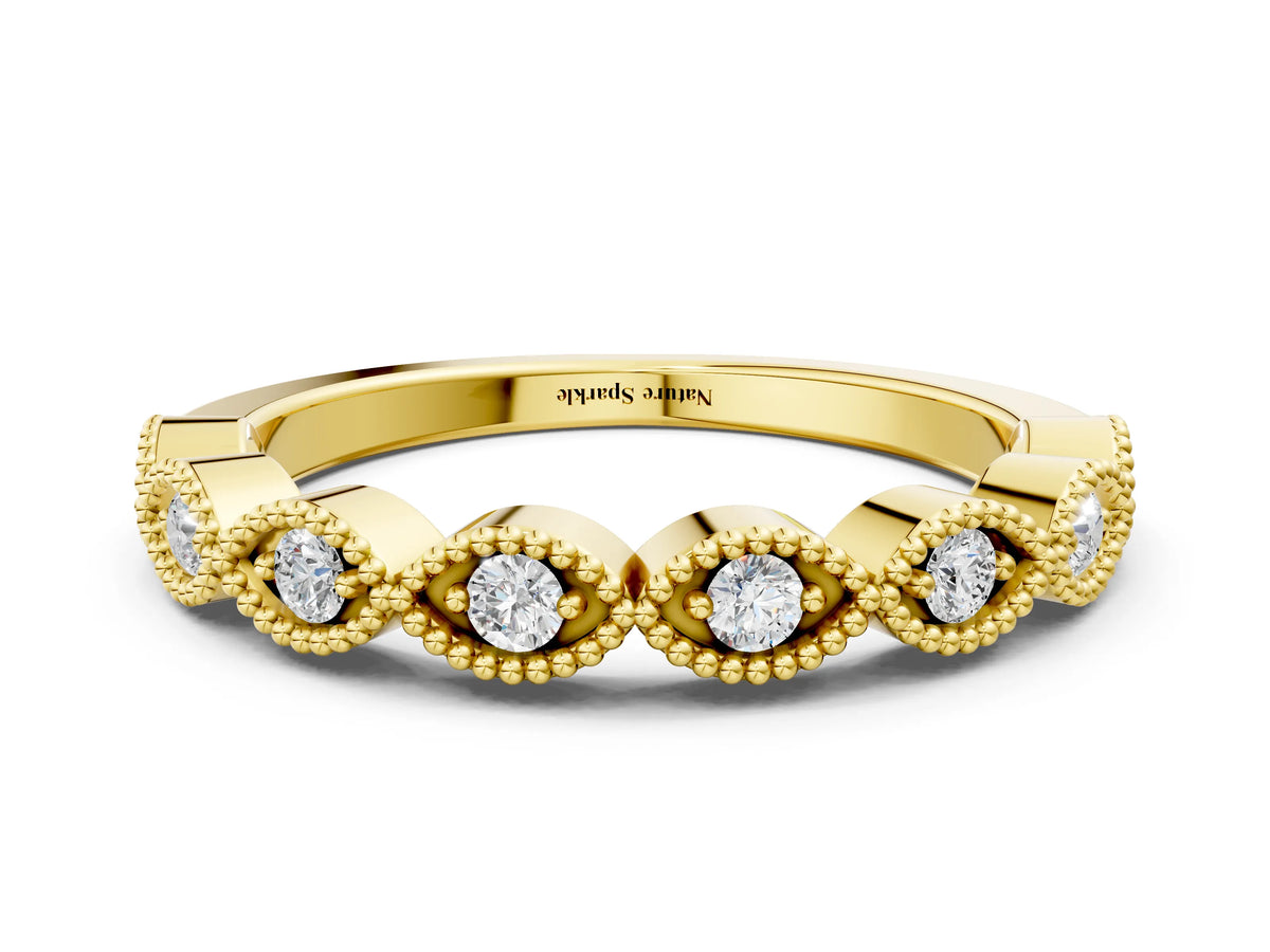 Yellow gold Milgrain Marquise Diamond Half Eternity Band with Bezel Setting