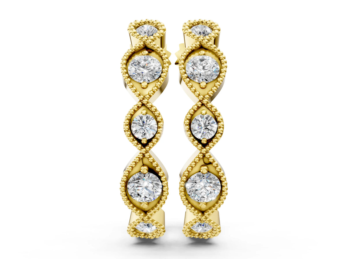 Yellow gold Milgrain Marquise Diamond Hoop Earrings with Bezel Setting