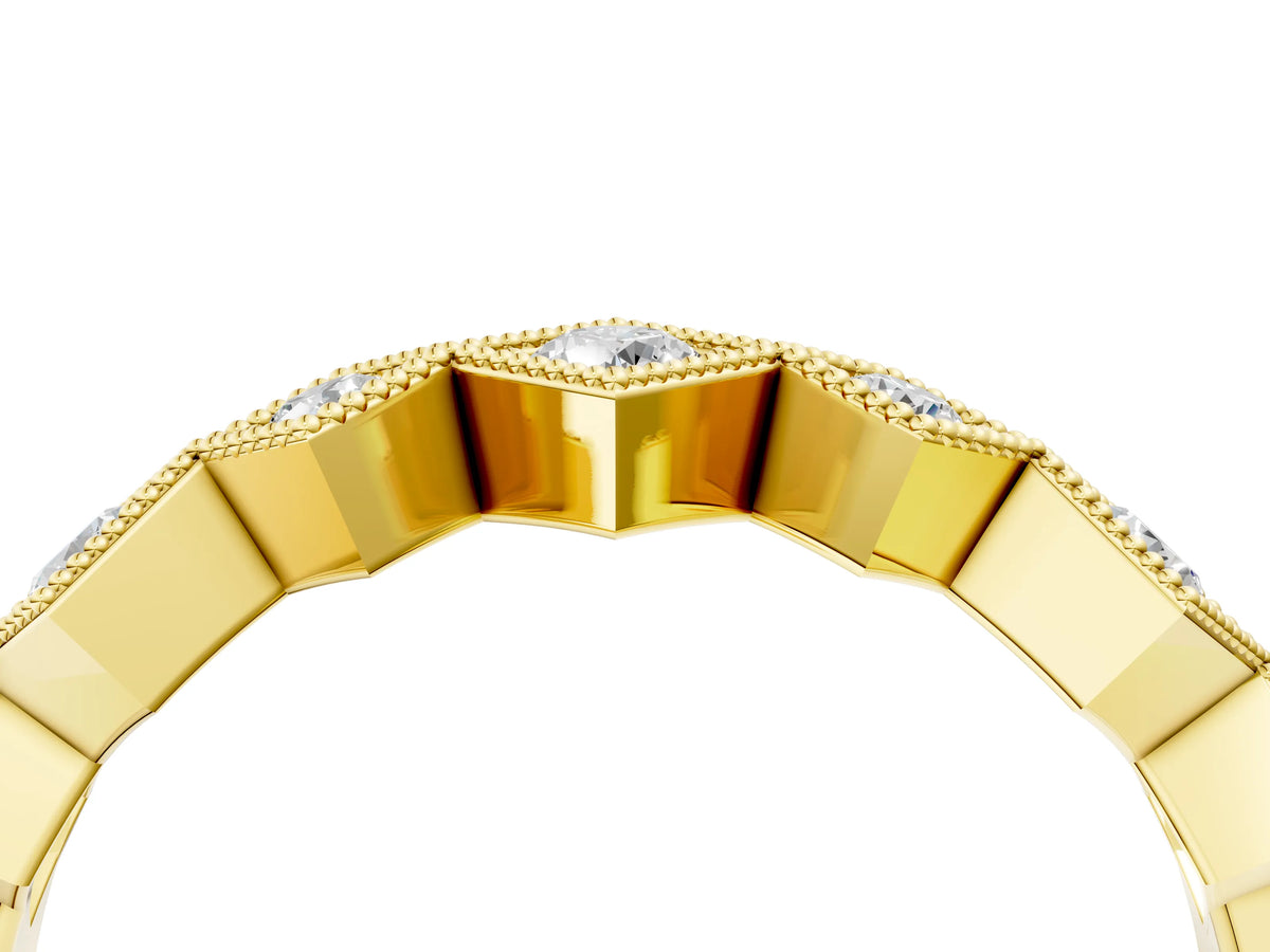 Yellow gold Milgrain Square Bezel Round Diamond Chevron Band_4